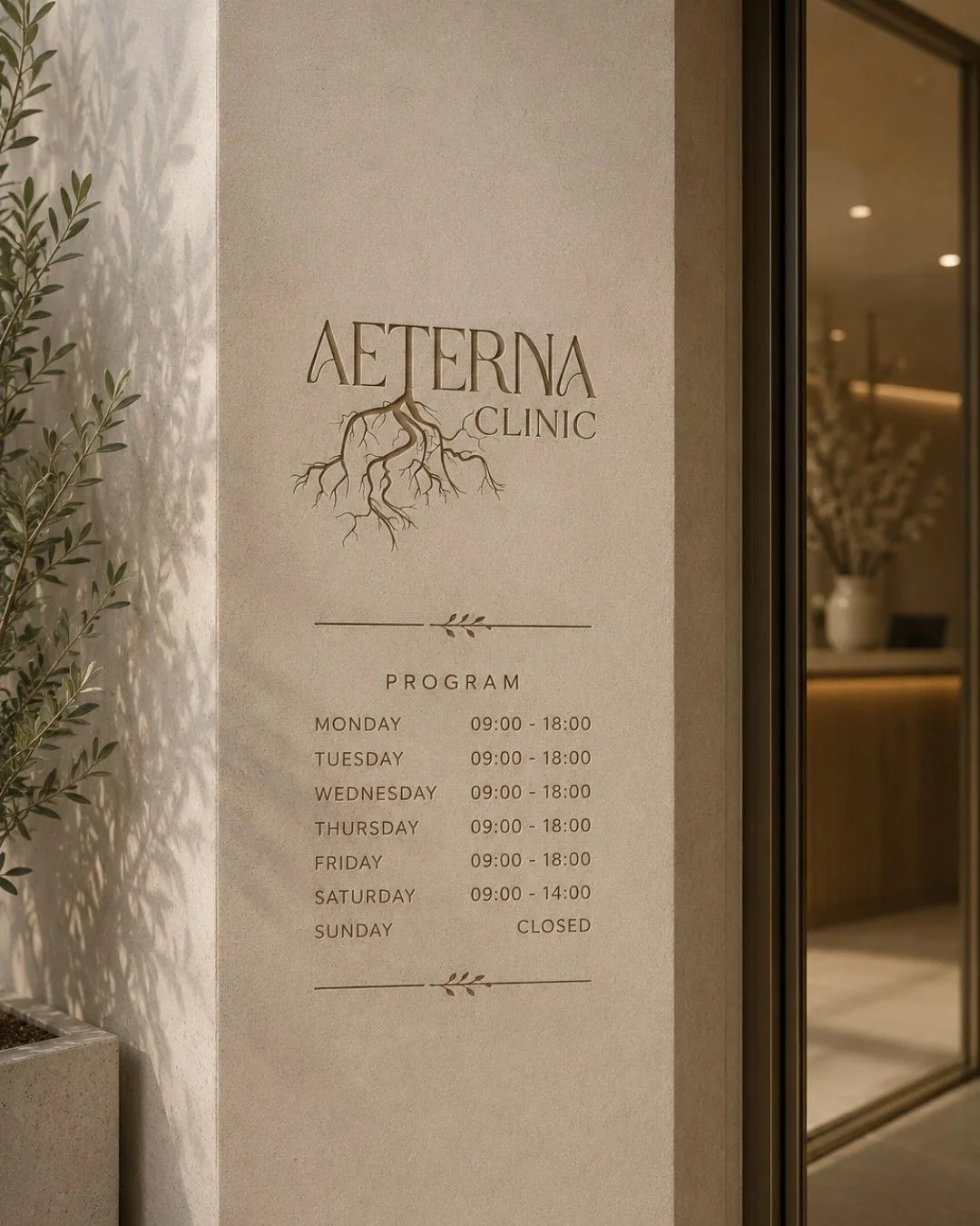 Aeterna Clinic entrance signage with opening hours