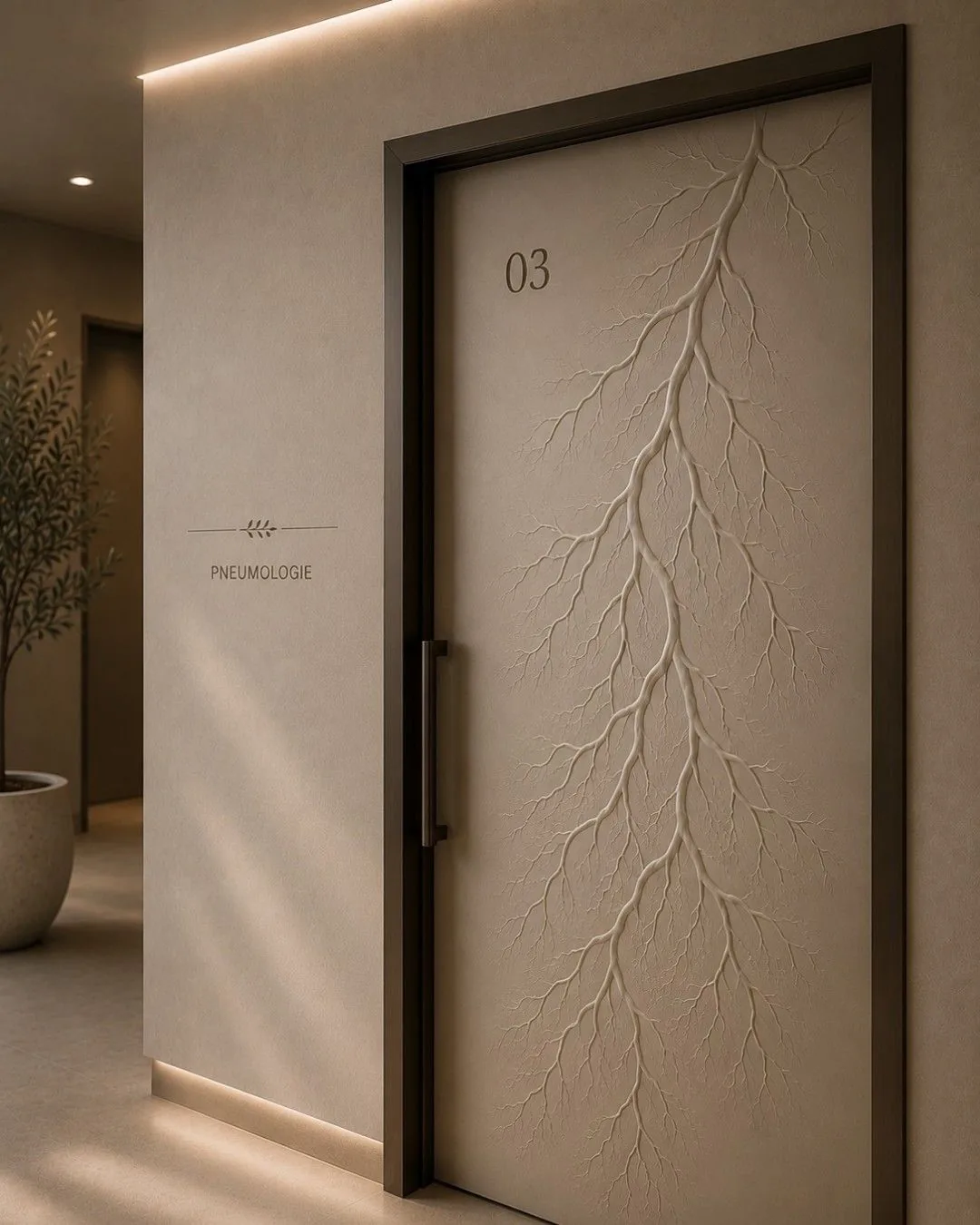 Aeterna Clinic room door with branded wayfinding pattern