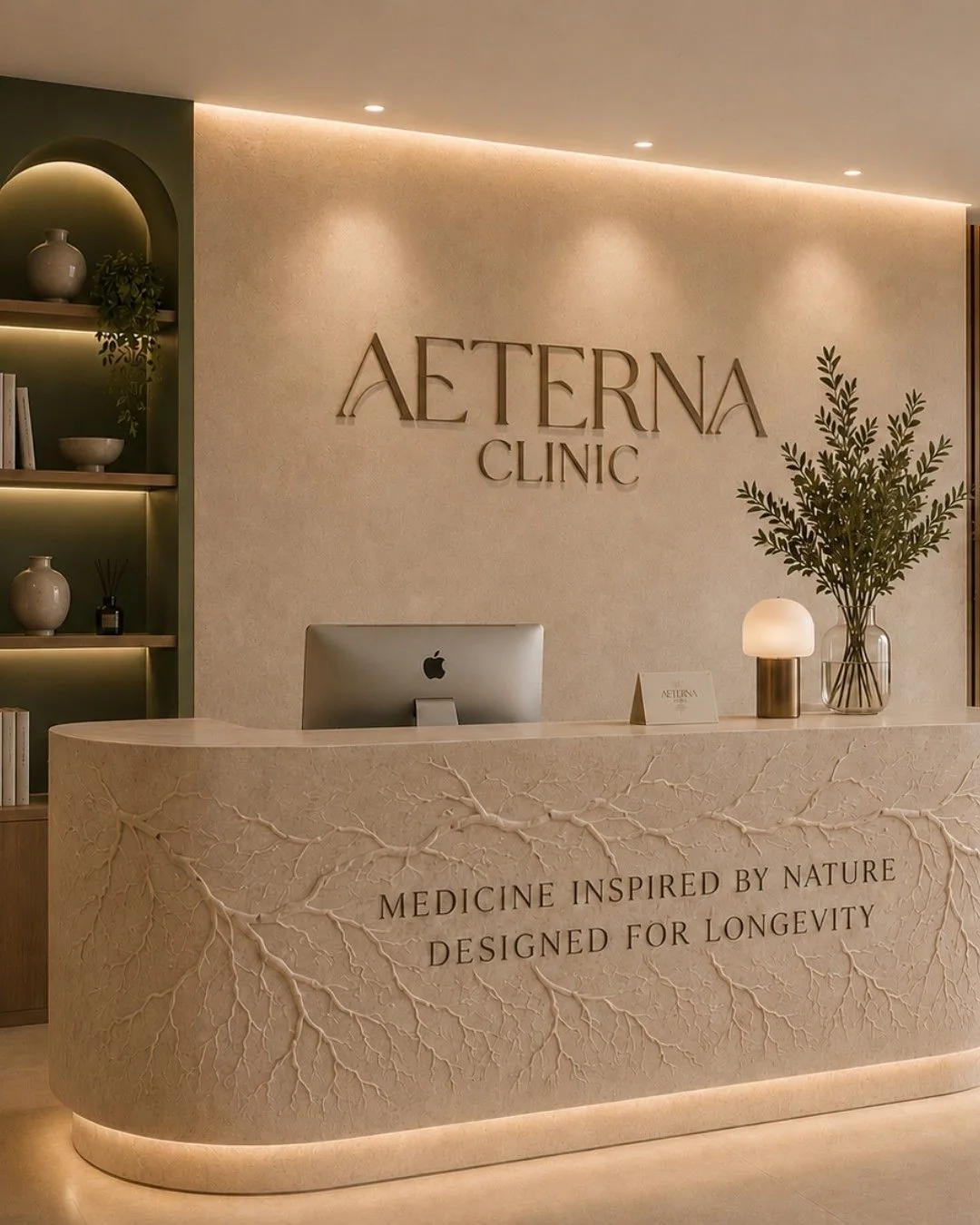 Aeterna Clinic reception desk with brand signage