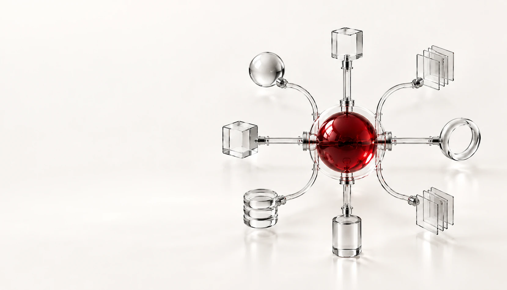 Six interconnected glass and chrome mechanisms carrying red spheres