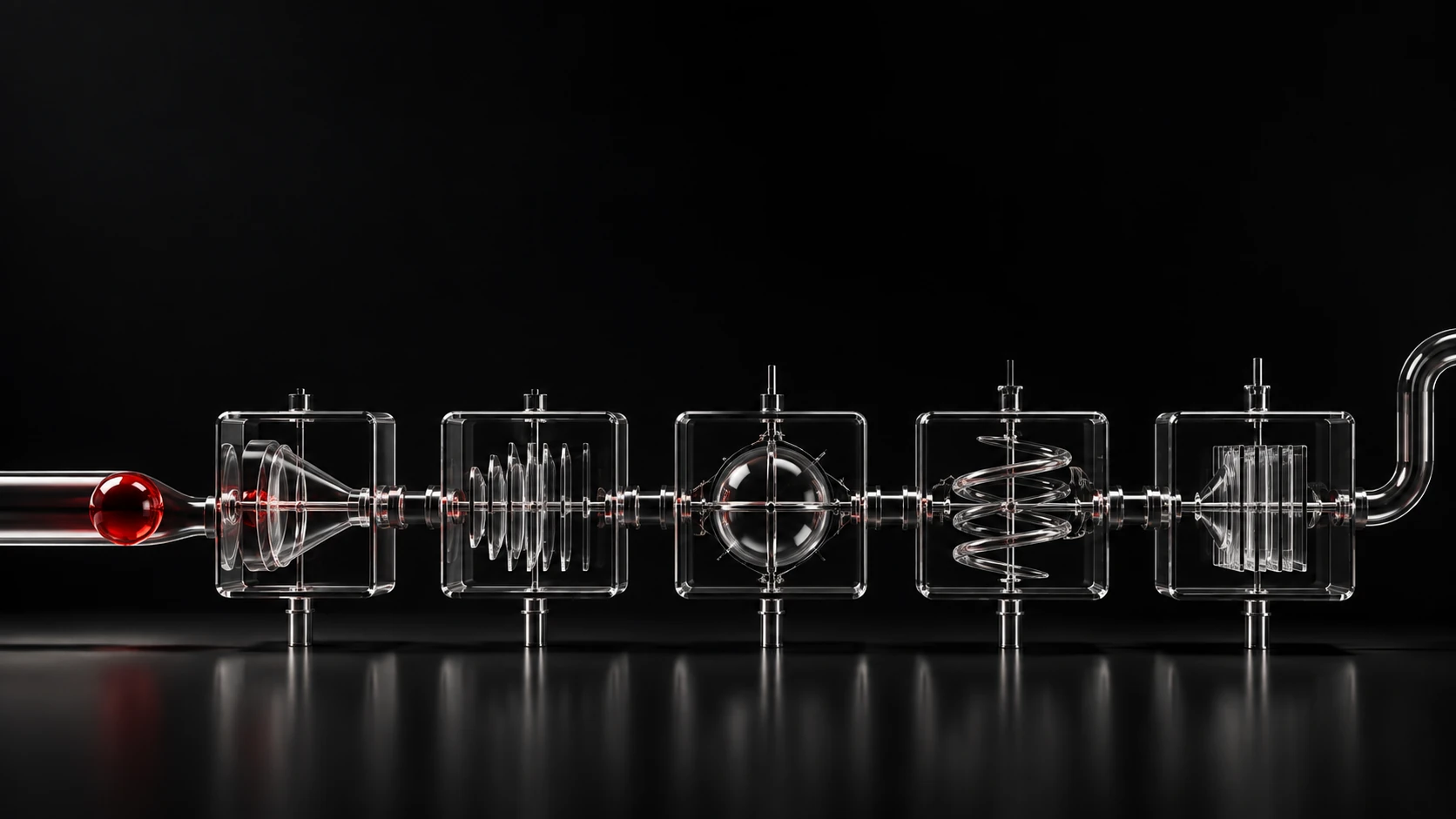 A dark glass workflow carrying red spheres through a sequence