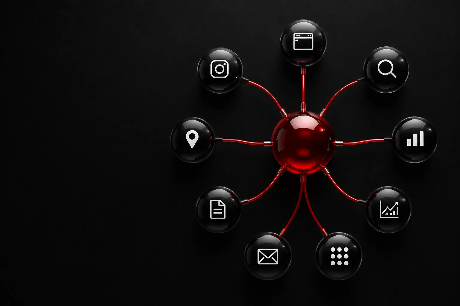 Connected digital ecosystem with a central red sphere