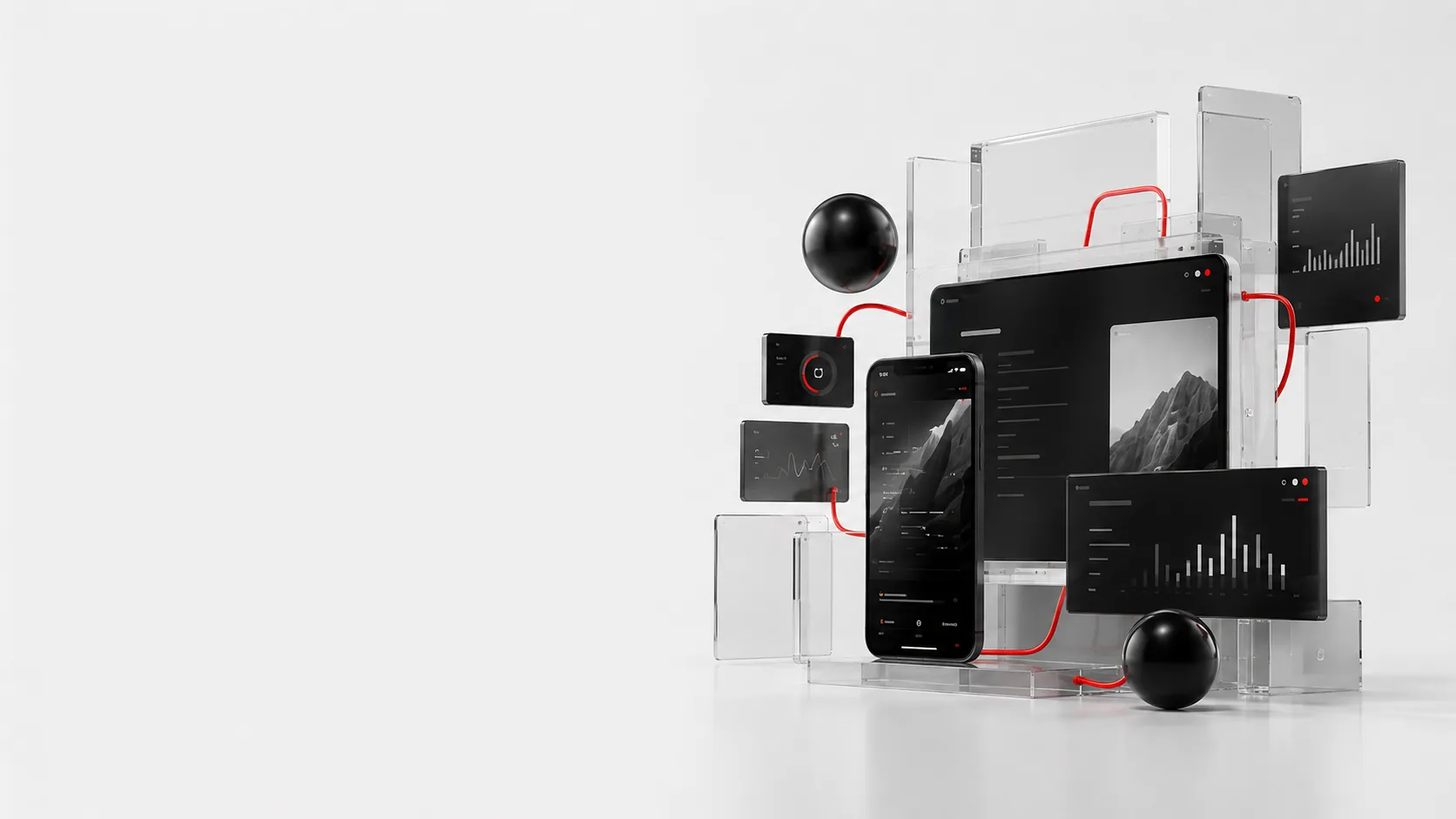 Abstract digital ecosystem with connected devices and glass planes