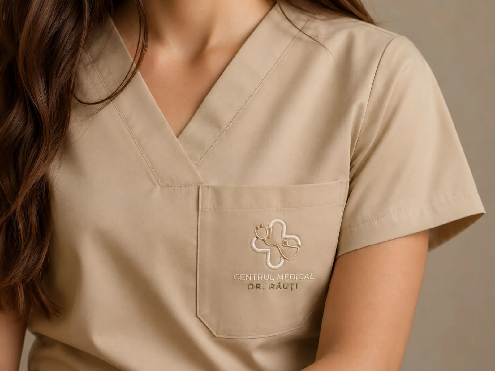 Dr. Rauti Medical Center embroidered logo on beige medical scrub pocket