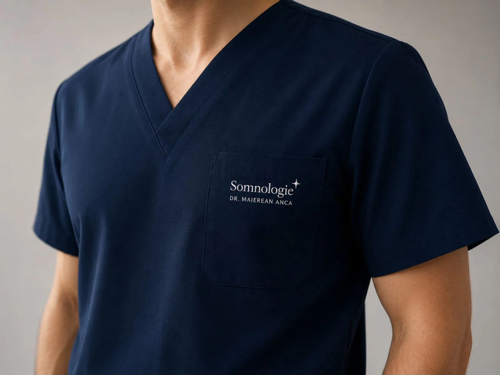 Somnologie Dr. Anca Maierean embroidered logo on navy medical scrub pocket