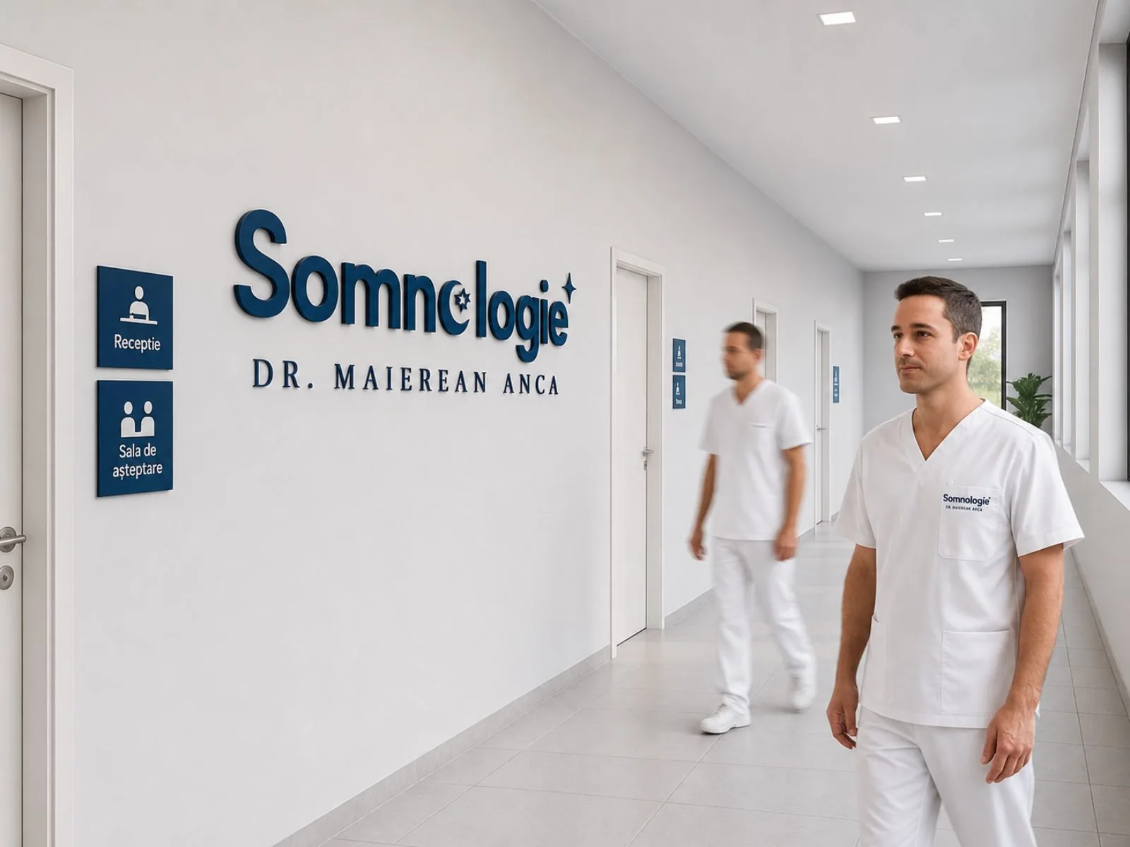 Somnologie Dr. Anca Maierean hallway wall signage with reception and waiting room panels