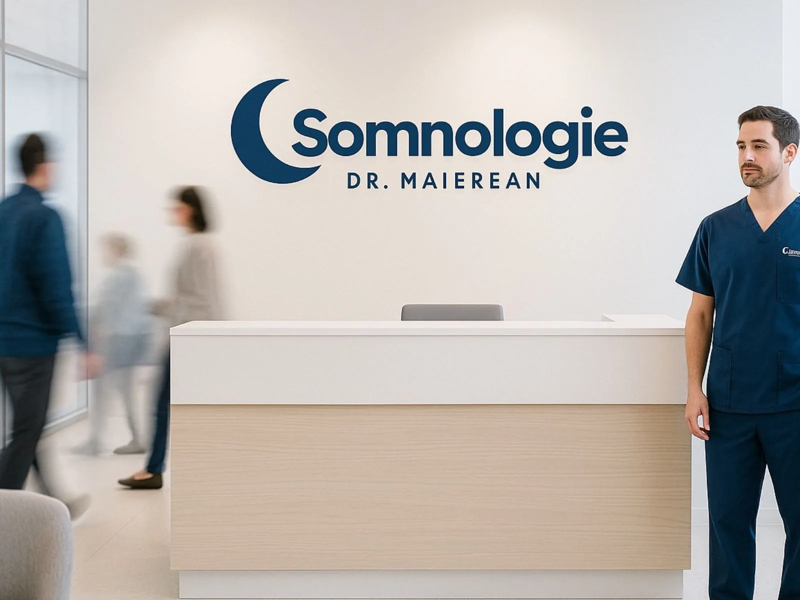 Somnologie Dr. Anca Maierean reception desk with crescent moon logo wall signage