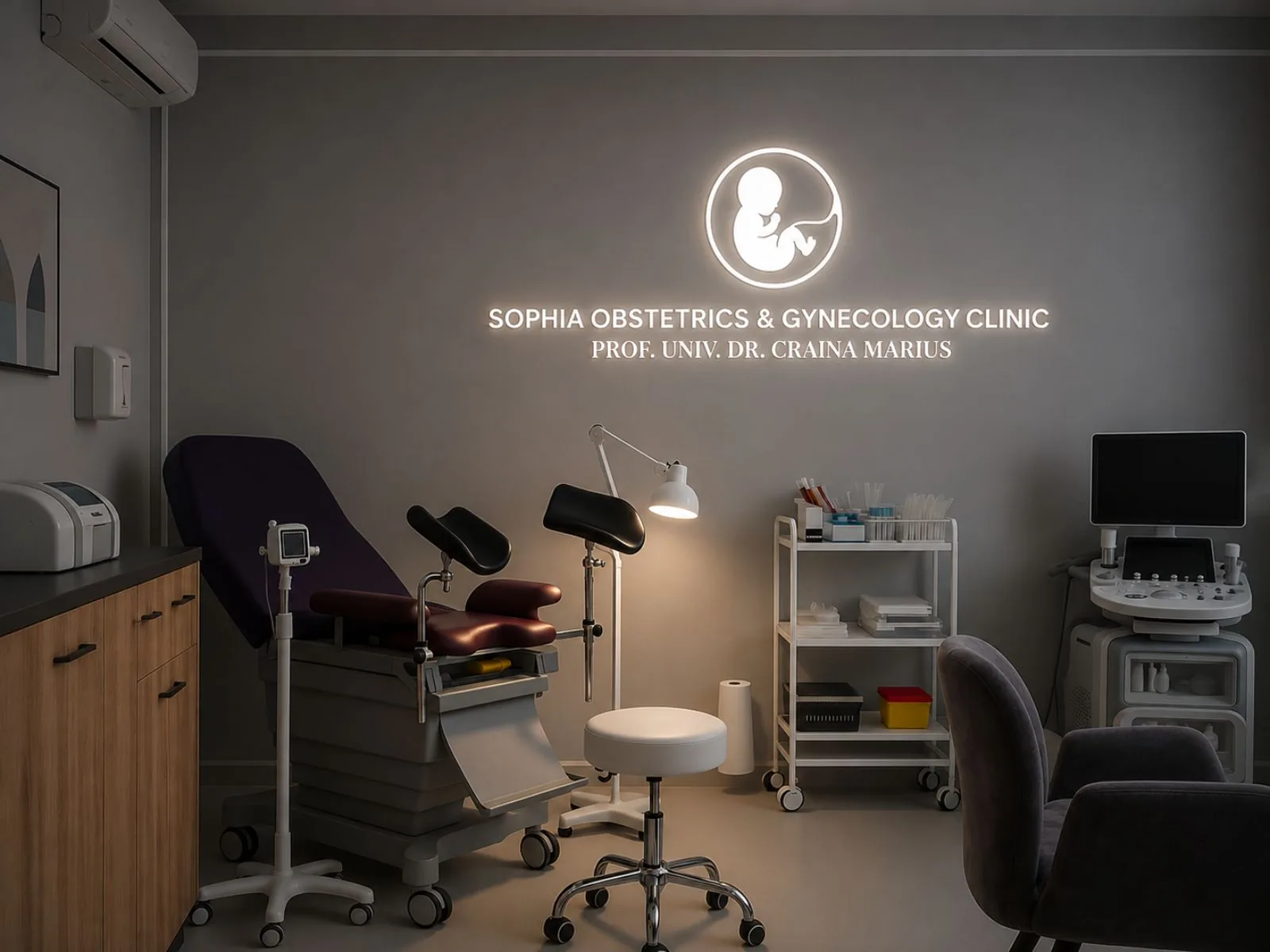 Sophia Obstetrics & Gynecology Clinic illuminated logo signage in exam room