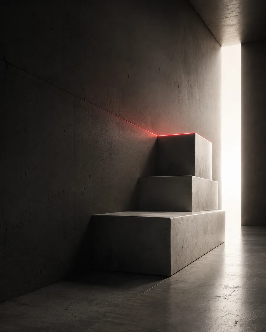 Concrete steps crossed by red light representing strategic direction